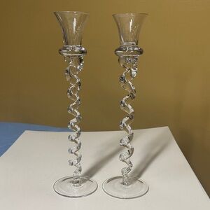 Pair of Twisted Crystal Glass Candle Holders - Clear 11.5” tall